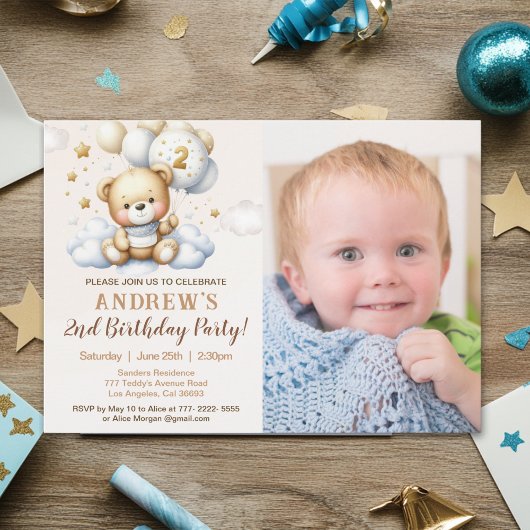 Invitation Cute Teddy Bear 2nd Birthday for Boy with photo
