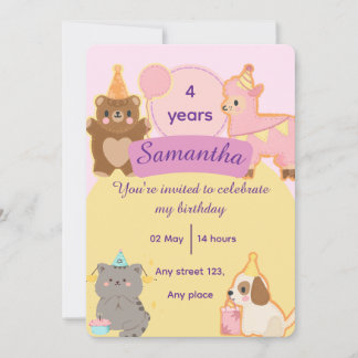 Invitation Cute Teddy Bear 4th Birthday Editable Template