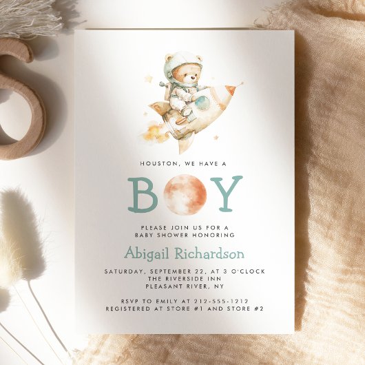Invitation Cute Teddy Bear Astronaut Boy Baby Shower