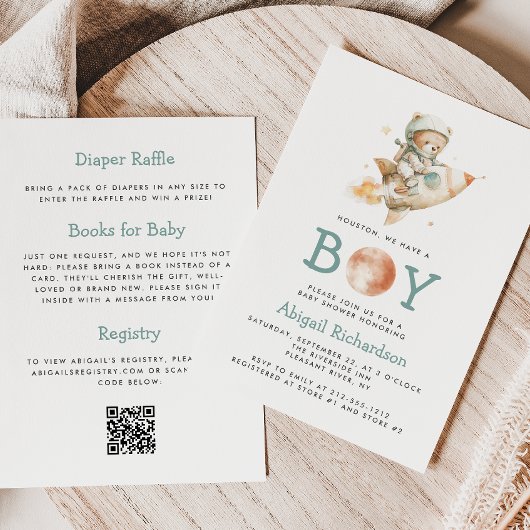 Invitation Cute Teddy Bear Astronaut QR Code Boy Baby Shower