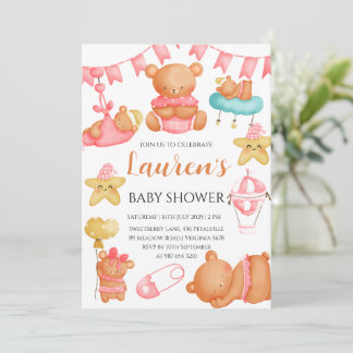 Invitation Cute Teddy Bear Baby Shower Pink Girl 