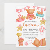 Invitation Cute Teddy Bear Baby Shower Pink Girl  (Devant / Derrière)