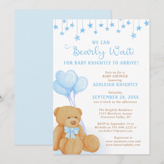 Invitation Cute Teddy Bear Ballons Bleus Étoiles Baby shower (Devant / Derrière)