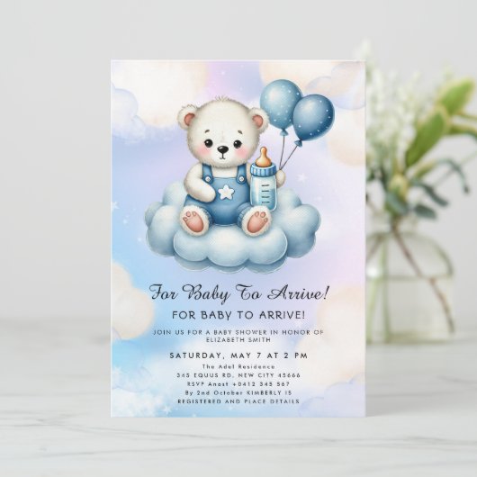 Invitation Cute Teddy Bear Balloon Theme (Debout devant)