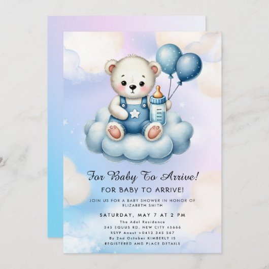 Invitation Cute Teddy Bear Balloon Theme (Devant / Derrière)