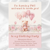 Invitation Cute Teddy Bear Balloons rose Fille 2e anniversair