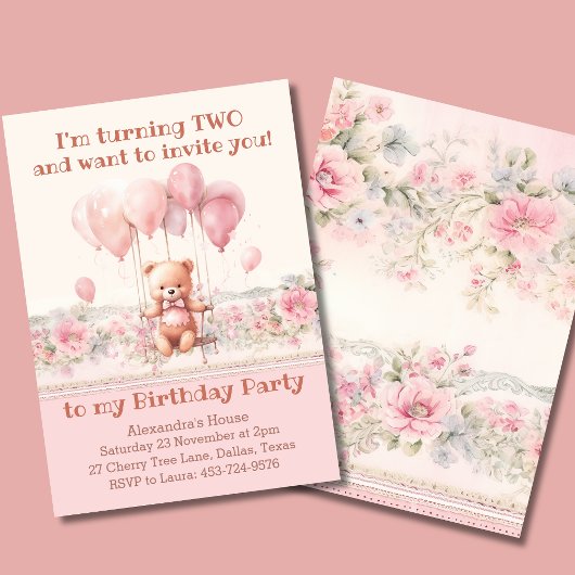 Invitation Cute Teddy Bear Balloons rose Fille 2e anniversair