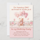 Invitation Cute Teddy Bear Balloons rose Fille 2e anniversair (Devant)