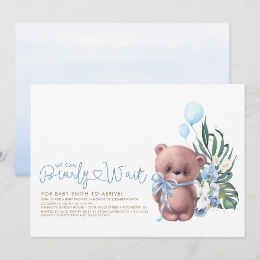 Invitation Cute Teddy Bear Bleu Bearly Wait Boy Baby shower (Devant / Derrière)
