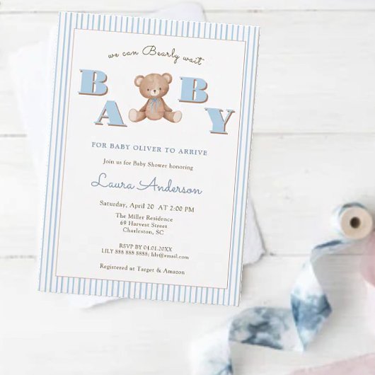 Invitation Cute Teddy Bear Blue Boy Baby shower