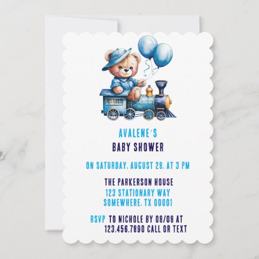 Invitation Cute Teddy Bear et Train Boy Baby shower (Devant)