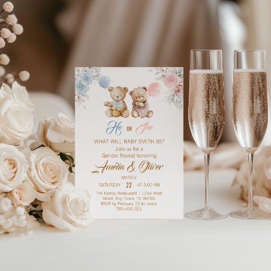 Invitation Cute Teddy Bear Gender Reveal Blue Pink Balloons