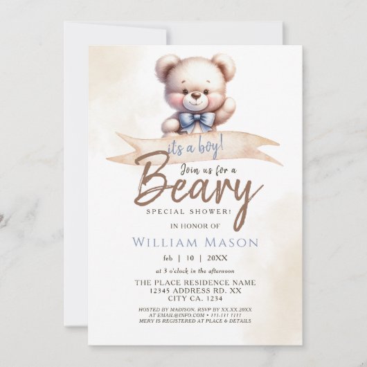 Invitation Cute Teddy Bear I's a Boy Baby shower Aquarelle (Devant)