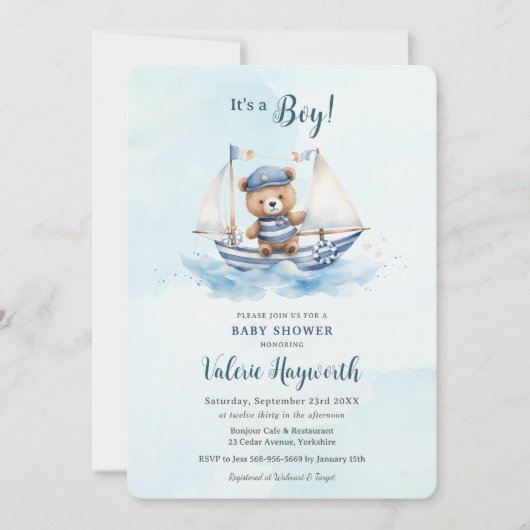 Invitation Cute Teddy Bear Nautical Boat Baby shower (Devant)