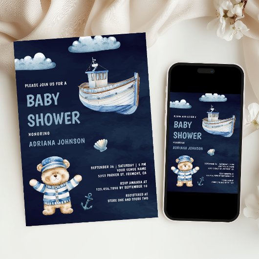 Invitation Cute Teddy Bear Nautical Boat Navy Baby Shower
