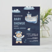 Invitation Cute Teddy Bear Nautical Boat Navy Baby Shower (Debout devant)