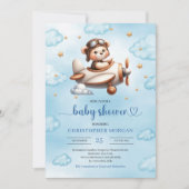 Invitation Cute Teddy Bear Pilot Blue Brown Baby Shower (Devant)