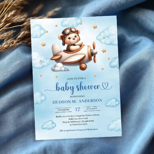 Invitation Cute Teddy Bear Pilot Blue Brown Baby Shower