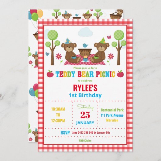 Invitation Cute Teddy Bear Pique-nique 1er Anniversaire Fête  (Devant / Derrière)