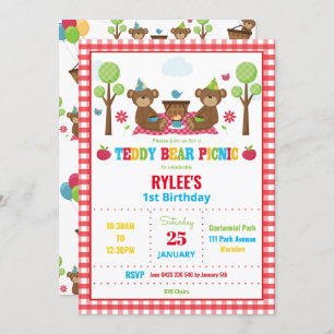 Invitation Cute Teddy Bear Pique-nique 1er Anniversaire Fête