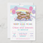 Invitation Cute Teddy Bear Pique-nique Anniversaire Filles Ju (Devant)