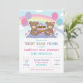 Invitation Cute Teddy Bear Pique-nique Anniversaire Jumeaux G (Debout devant)
