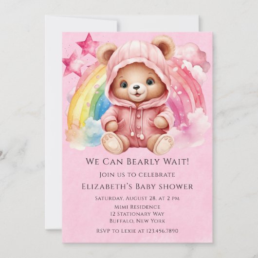 Invitation Cute Teddy Bear Rainbow Girl Baby shower (Devant)