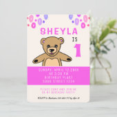 Invitation Cute Teddy Bear Rose Girl 1er anniversaire fête (Debout devant)