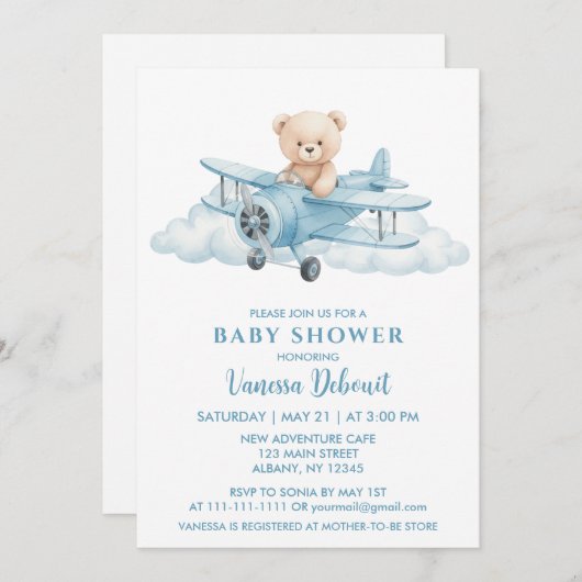 Invitation Cute Teddy Bear Sky Adventure Baby shower (Devant / Derrière)