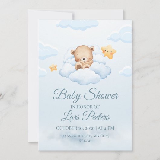 Invitation Cute Teddy Bear Sleeping on Cloud Baby Shower Invi (Devant)