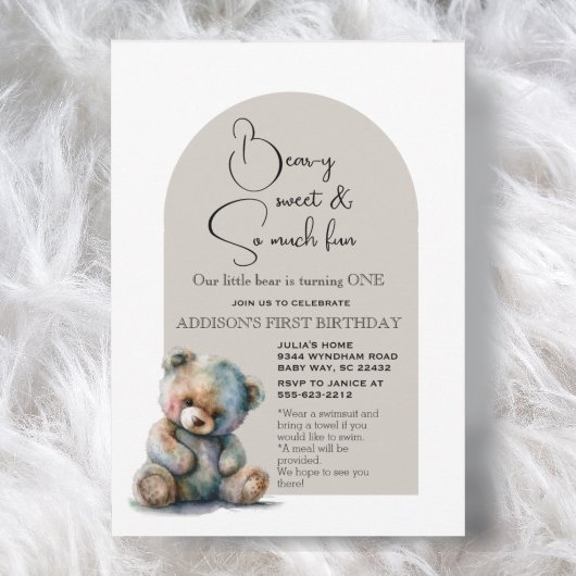 Invitation Cute Teddy Bear Thème Aquarelle Premier Anniversai