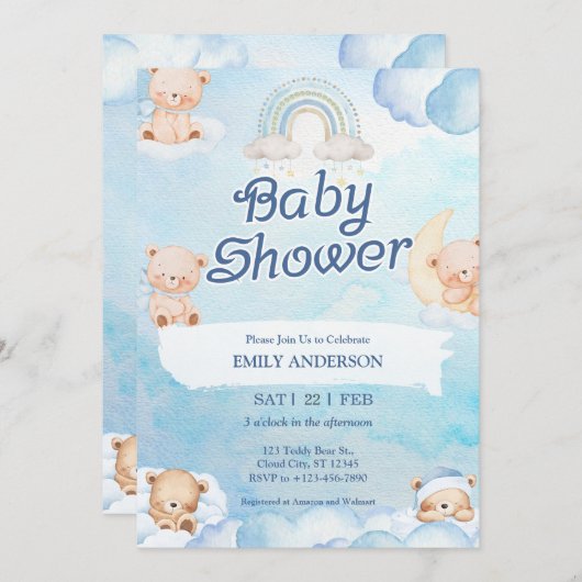 Invitation Cute Teddy Bear Twinkle Little Star Cloud (Devant / Derrière)