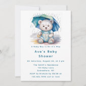 Invitation Cute Teddy Bear With Umbrella Boy Baby Shower  (Devant)