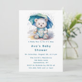 Invitation Cute Teddy Bear With Umbrella Boy Baby Shower  (Debout devant)