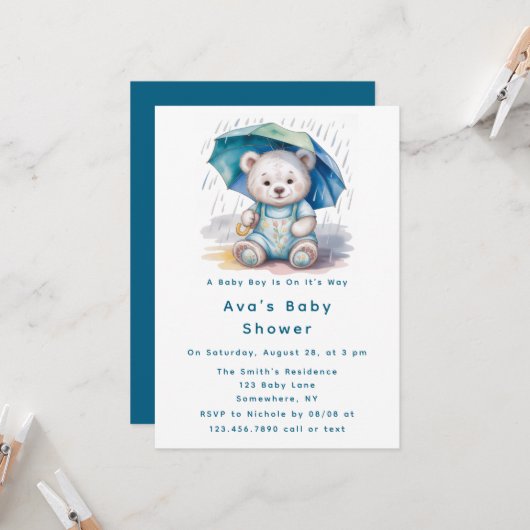 Invitation Cute Teddy Bear With Umbrella Boy Baby Shower  (Devant/Arrière en situation)