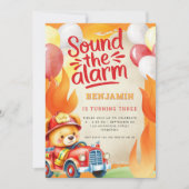 Invitation Cute Teddy Fire Truck 3e anniversaire rouge jaune (Devant)