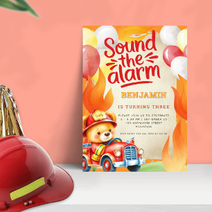 Invitation Cute Teddy Fire Truck 3e anniversaire rouge jaune