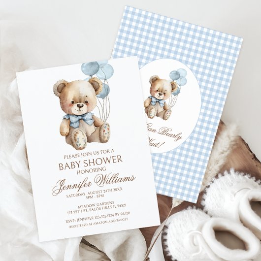 Invitation Cute Teddy Ours Bow Balloon Baby Boy Douche garçon