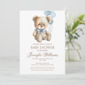Invitation Cute Teddy Ours Bow Balloon Baby Boy Douche garçon (Debout devant)