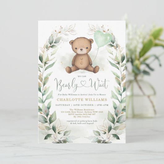 Invitation Cute Teddy Ours Vert Baby shower Or Neutre (Debout devant)