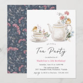 Invitation Cute théière florale | Fille Tea Party anniversair (Devant / Derrière)