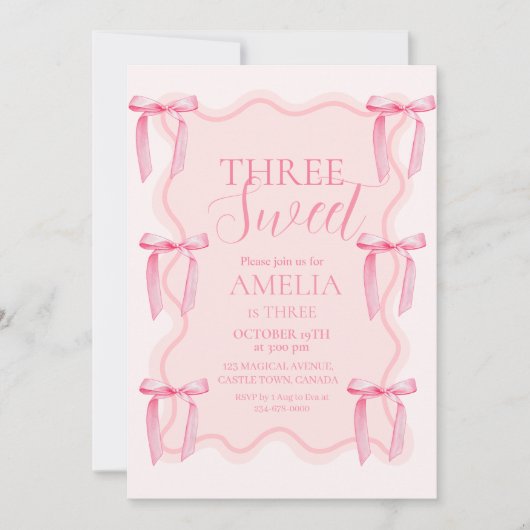 Invitation Cute Three Sweet Pink Bow 3e fête d'anniversaire (Devant)