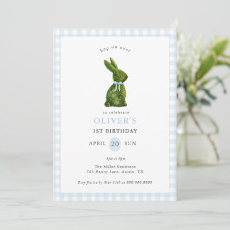 Invitation Cute Topiary Bunny blue Gingham Birthday 