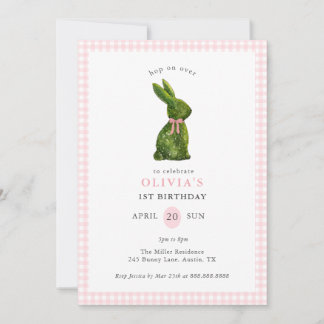 Invitation Cute Topiary Bunny Pink Gingham Girl Birthday