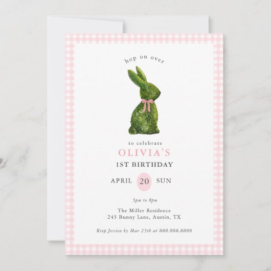 Invitation Cute Topiary Bunny Pink Gingham Girl Birthday  (Devant)