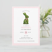 Invitation Cute Topiary Bunny Pink Gingham Girl Birthday  (Debout devant)