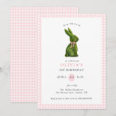 Invitation Cute Topiary Bunny Pink Gingham Girl Birthday  (Devant / Derrière)