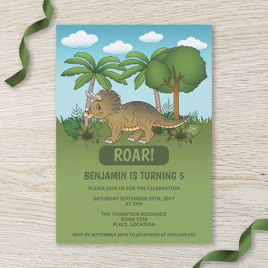 Invitation Cute Triceratops Dinosaur Anniversaire Tropical po