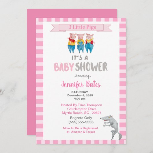 Invitation Cute Trois Petits Cochons Thème Baby shower Rose (Devant / Derrière)