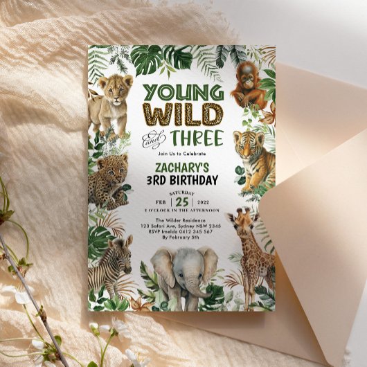Invitation Cute Tropical Green Jungle Safari 3e anniversaire